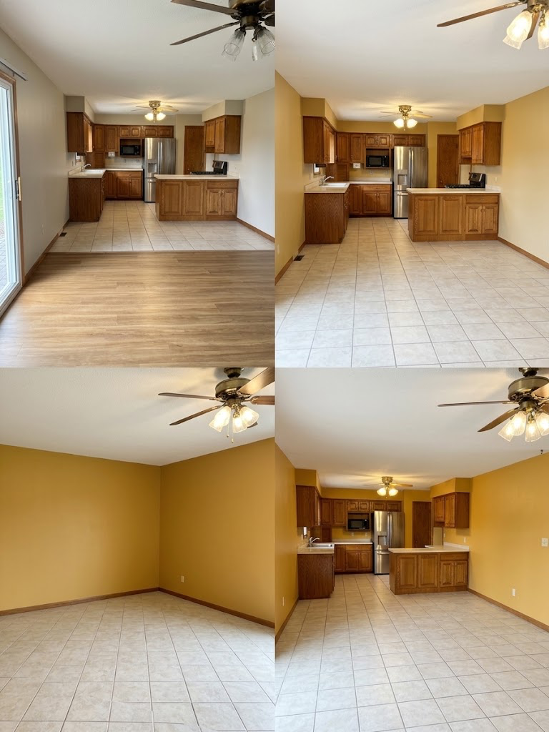 Before and after photos of a kitchen and dining area repainted by Flippin Bettys LLC